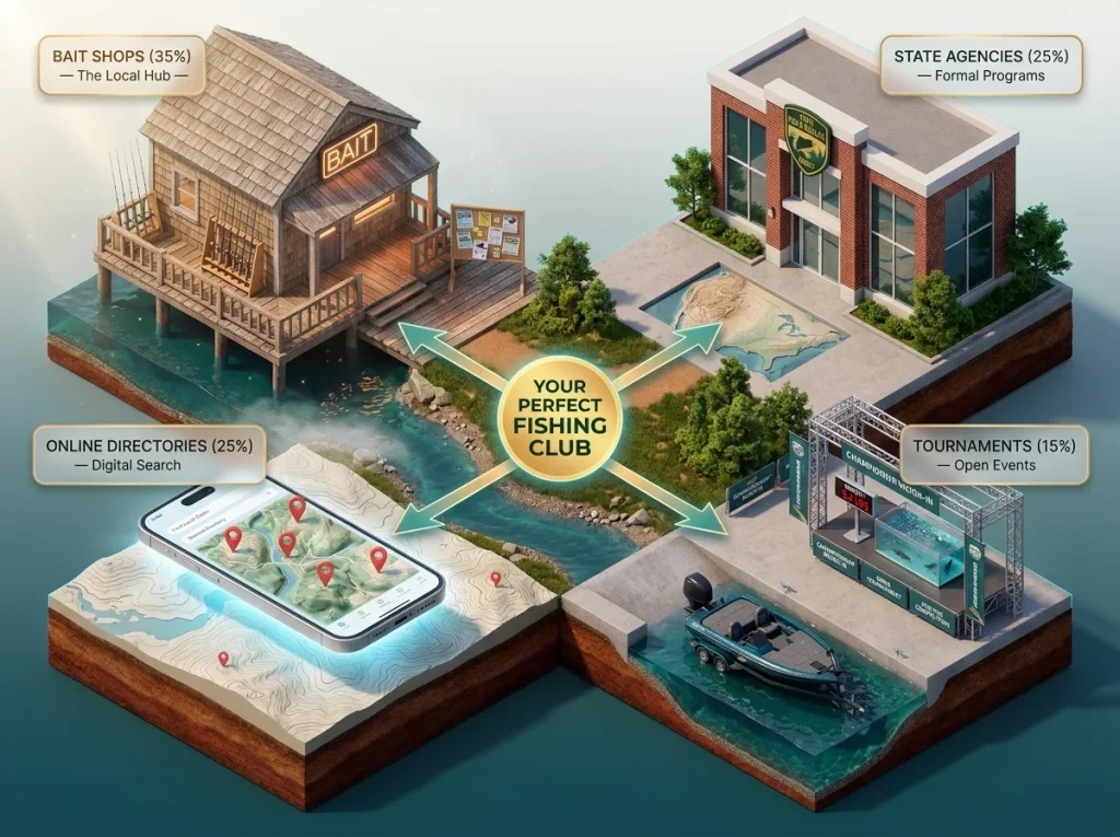 Isometric infographic showing four ways to find fishing clubs with riverside locations, percentages, and success flow arrows