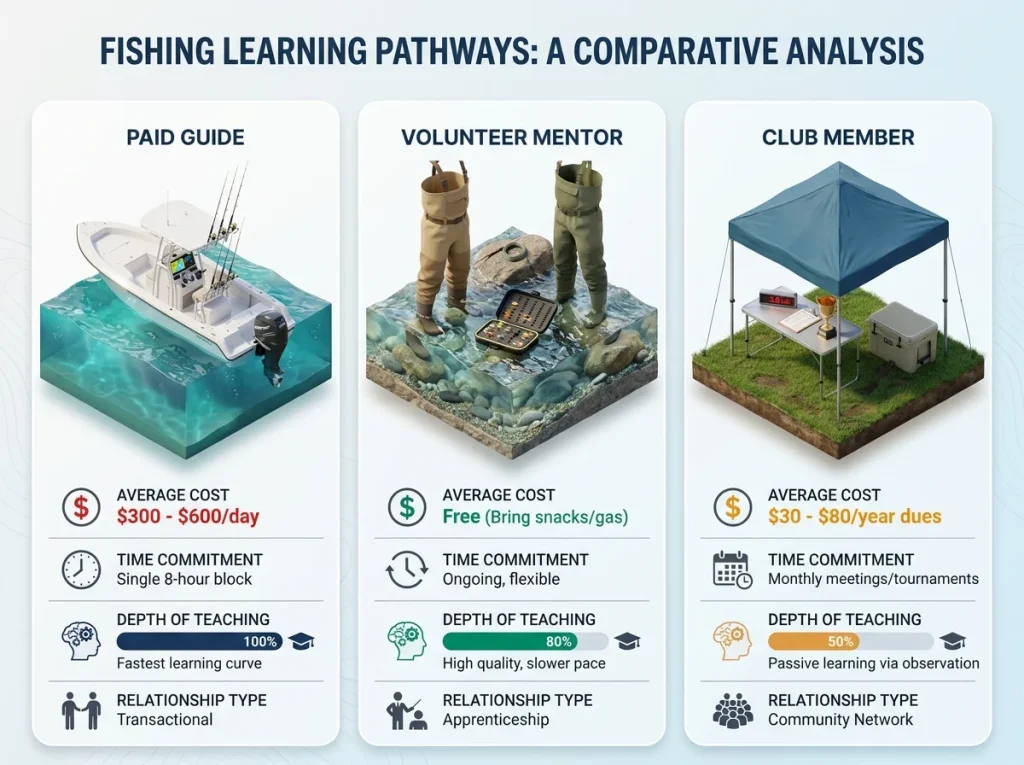 Three-column comparison infographic showing cost, time, and teaching depth for paid guides, volunteer mentors, and club members