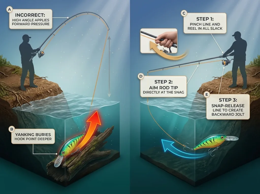 Technical comparison diagram of incorrect high-rod snag pulling versus the correct low-rod line trigger pop technique.