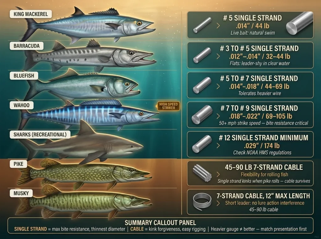 Infographic showing fish species silhouettes matched to recommended wire gauge, diameter, and single-strand or cable leader type for each target fish