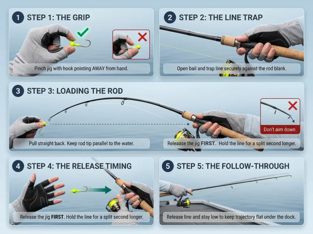 Infographic detailing the five-step dock shooting technique with correct grip, rod load, release timing, and common errors