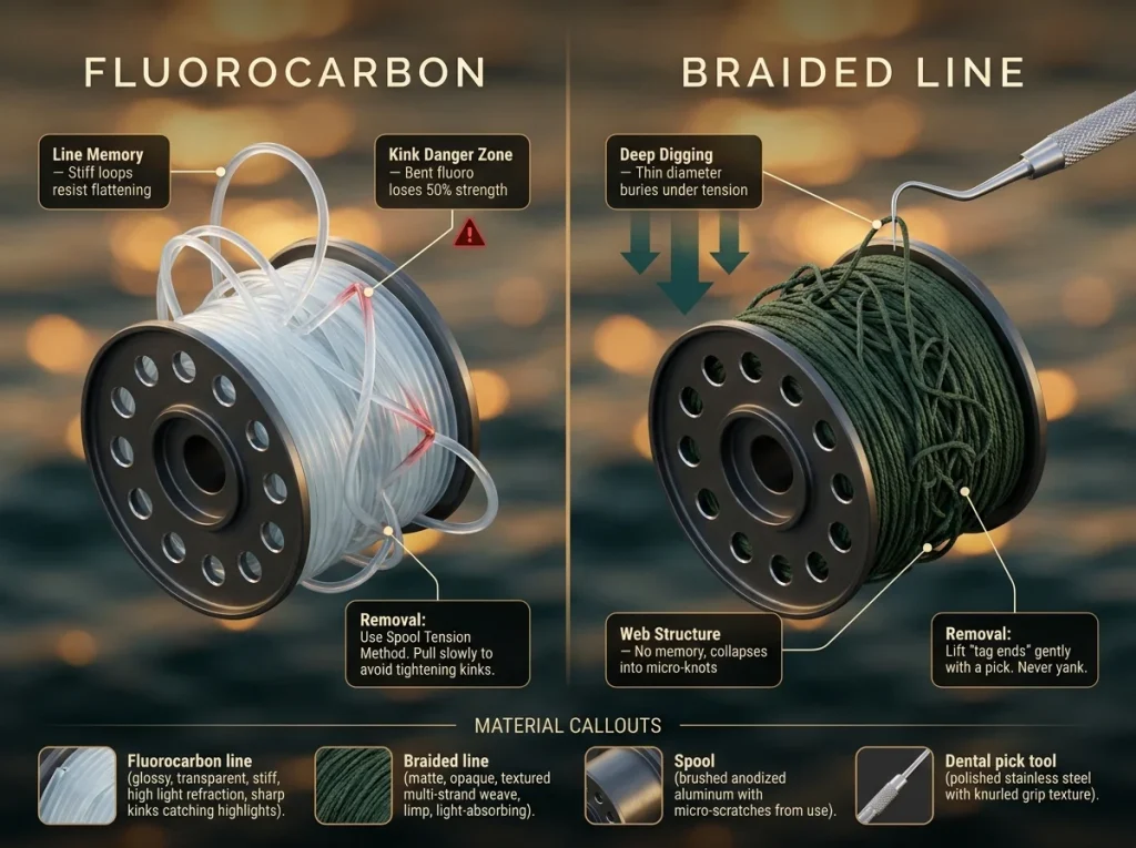 Infographic showing baitcaster backlash comparison with cross-sections of fluorocarbon vs braided line and removal tips.