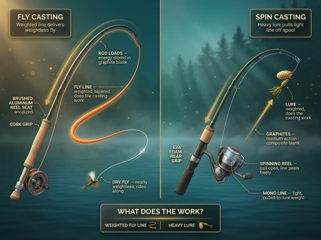 Infographic comparing fly casting and spin casting physics with labeled rod loading, weighted line, and lure mechanics