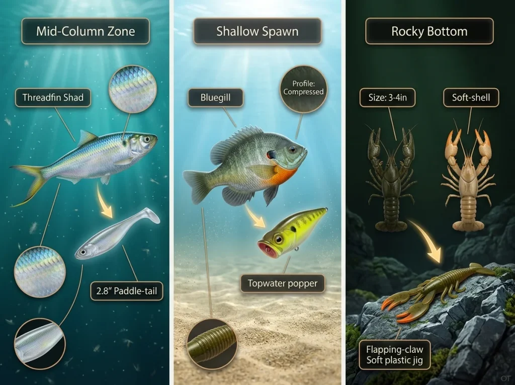 Comparison of threadfin shad, bluegill, and crawfish showing anatomical callouts, depth zones, and matching lure profiles.