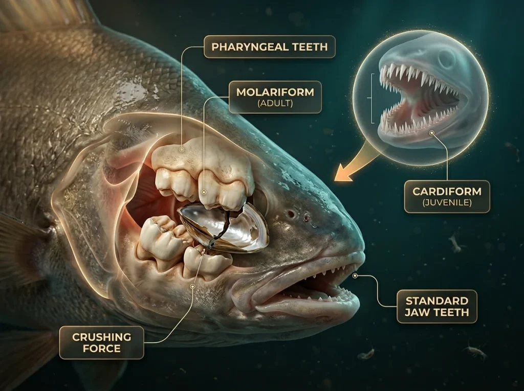 Infographic showing freshwater drum pharyngeal teeth anatomy, comparing cardiform teeth in juveniles to molariform teeth in adults.