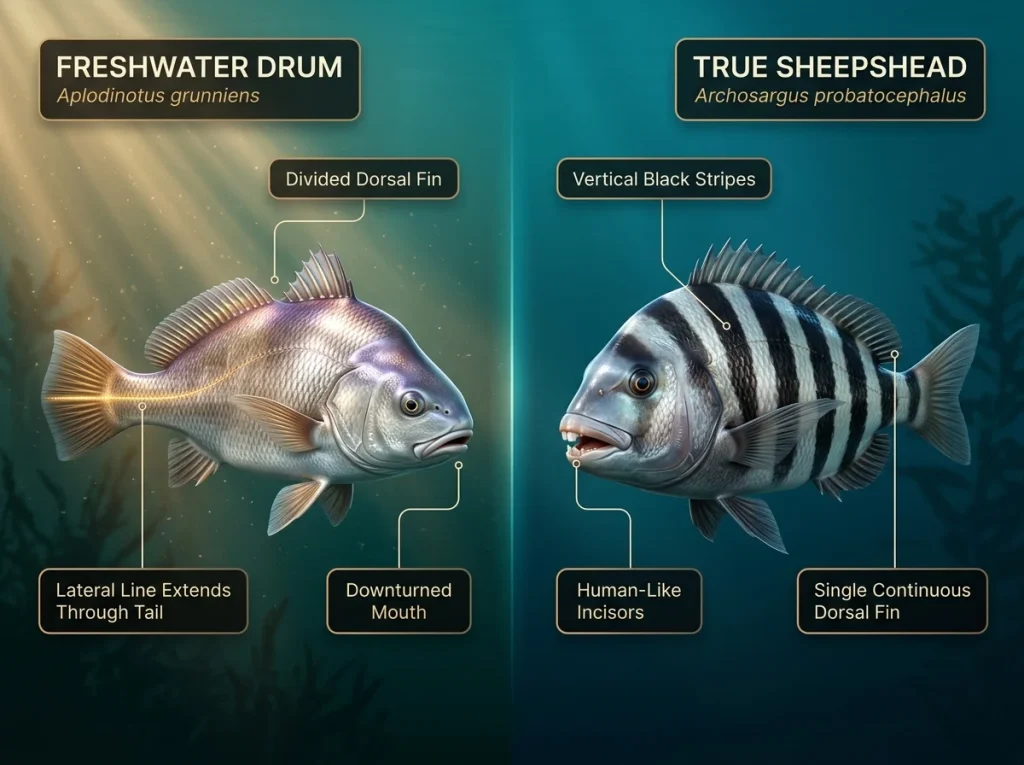 Infographic comparing freshwater drum and true sheepshead with labeled anatomical features like lateral line, teeth, and dorsal fins.