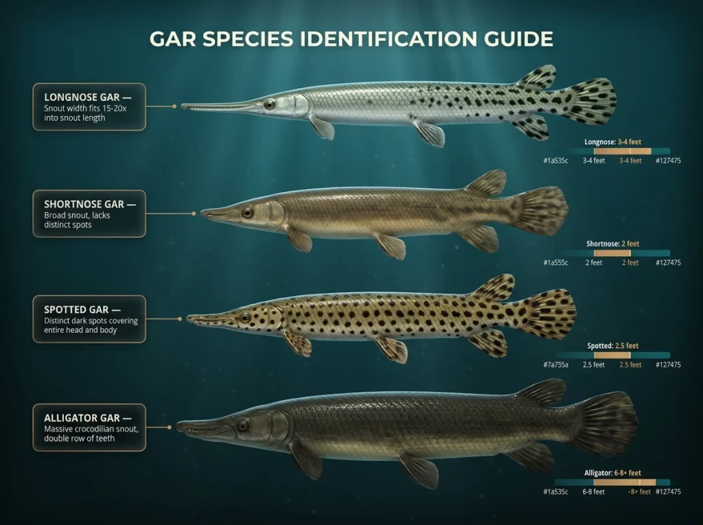 Infographic comparing four gar species identification with labeled snout shapes, spotting patterns, and adult size ranges