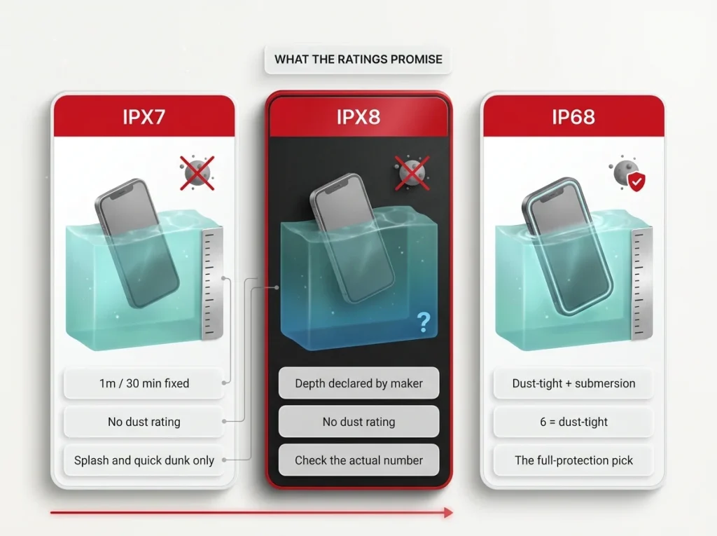 Comparison chart of IPX7, IPX8, IP68 phone ratings with depth specs, dust protection, and real-world meaning