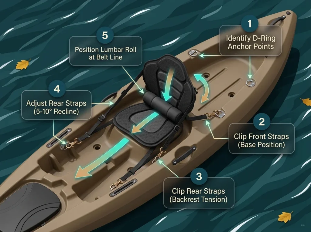 Overhead infographic diagram showing five steps to properly install and adjust an aftermarket kayak seat using D-rings and straps