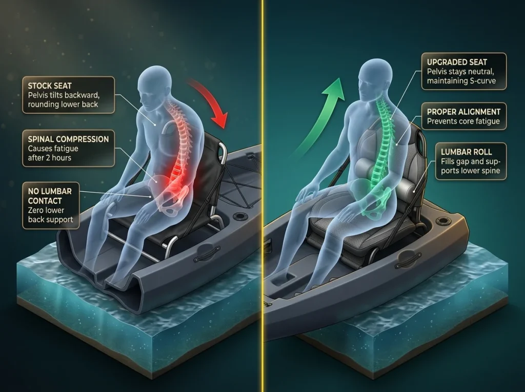 Infographic comparing angler pelvic tilt and spinal curve in a stock kayak seat versus an upgraded seat with lumbar support.