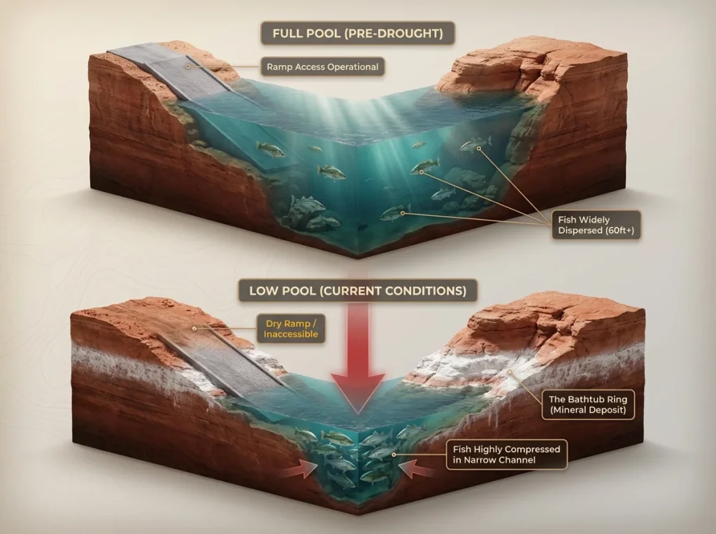 Infographic showing Lake Powell before and after water level drop with labeled fish compression zones and ramp access