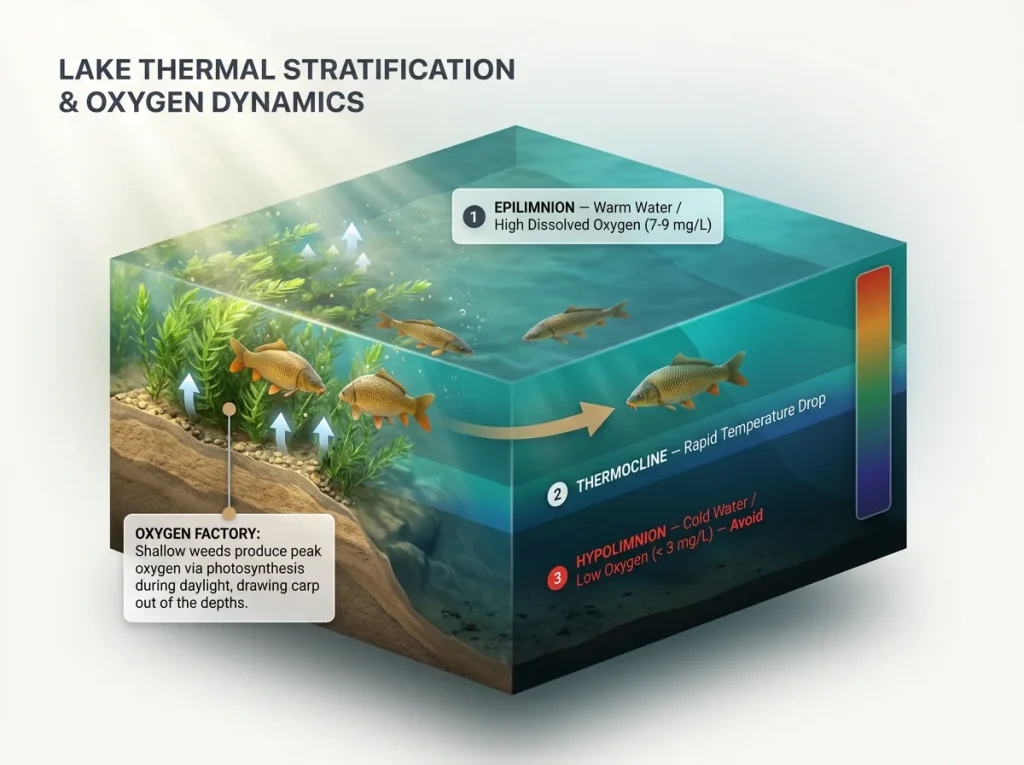 Infographic showing summer lake thermal stratification layers with labeled dissolved oxygen levels and optimal carp feeding zones in shallow weedbeds
