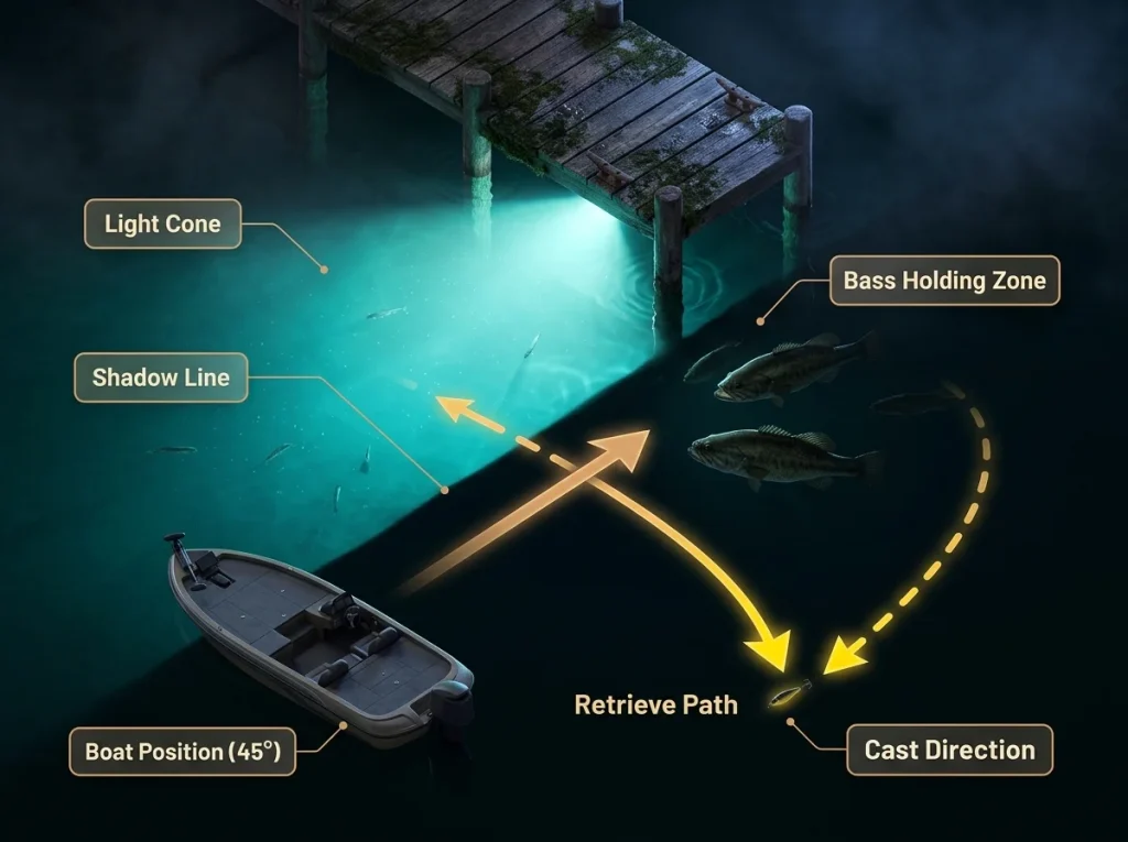 Infographic showing lighted dock shadow line tactics with bass positions, boat angle, and casting paths.