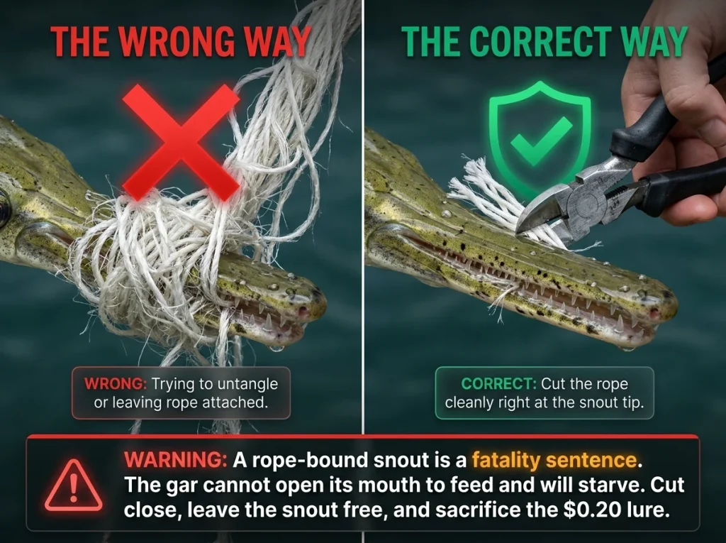 Infographic comparing wrong vs correct release of a gar caught on a rope lure, showing how to cut the fibers to prevent starvation