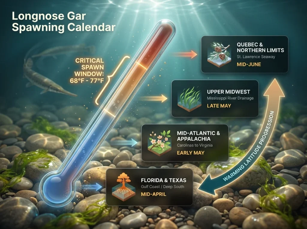 Infographic showing longnose gar regional spawning calendar with water temperature triggers and seasonal timing