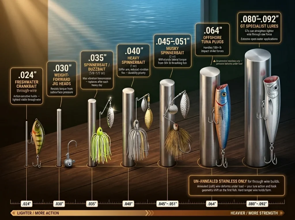 Infographic comparing fishing wire gauges from .035 to .092 inches at scale with labeled applications for spinnerbait, buzzbait, crankbait through-wire, tuna plug, and GT lure building
