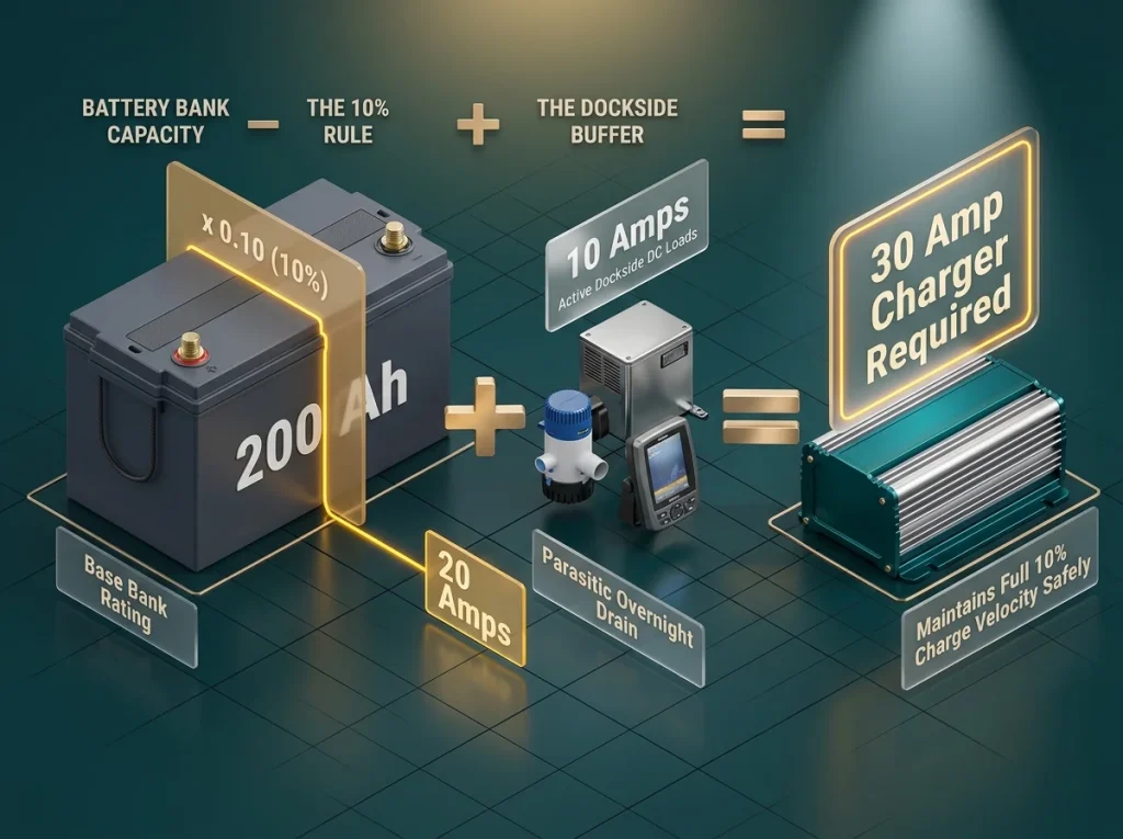 Technical formula infographic illustrating how to calculate minimum marine battery charger amperage using bank Ah capacity and active dockside DC loads.