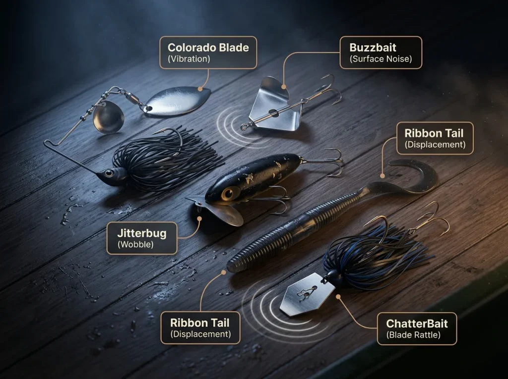 Infographic showing five night bass lures with labeled detection mechanisms like vibration and surface noise.