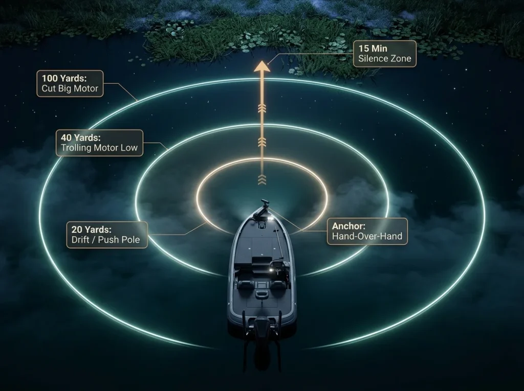 Infographic showing a stealth night boat approach protocol with distance markers, motor settings, and anchor steps.
