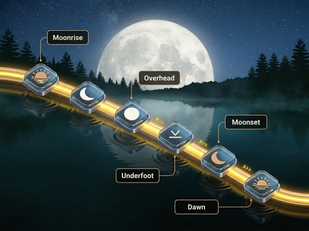 Infographic showing six night bass feeding windows on a timeline with moon phase icons and peak activation hours.