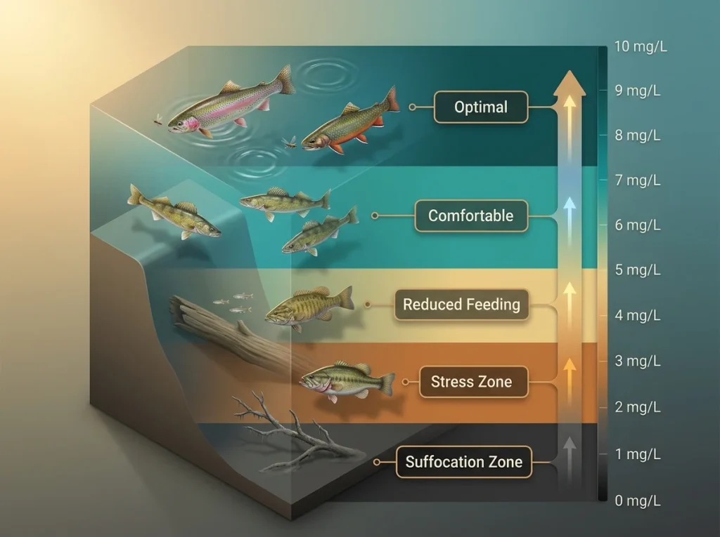 Infographic timeline showing progression from elevated nutrient loading to visible algae bloom and fish stress zones.