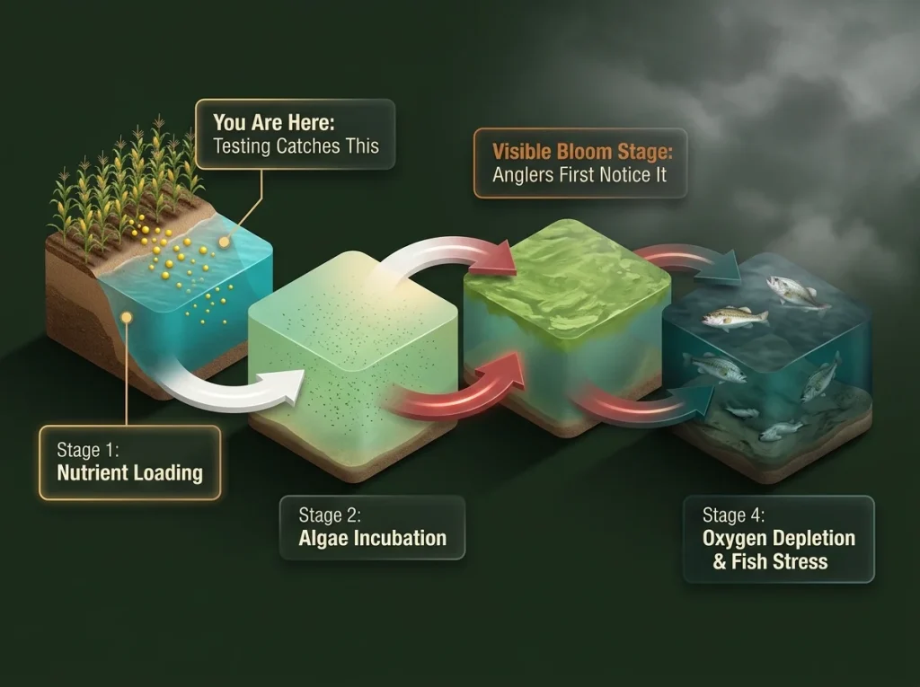 Infographic timeline showing progression from elevated nutrient loading to visible algae bloom and fish stress zones.