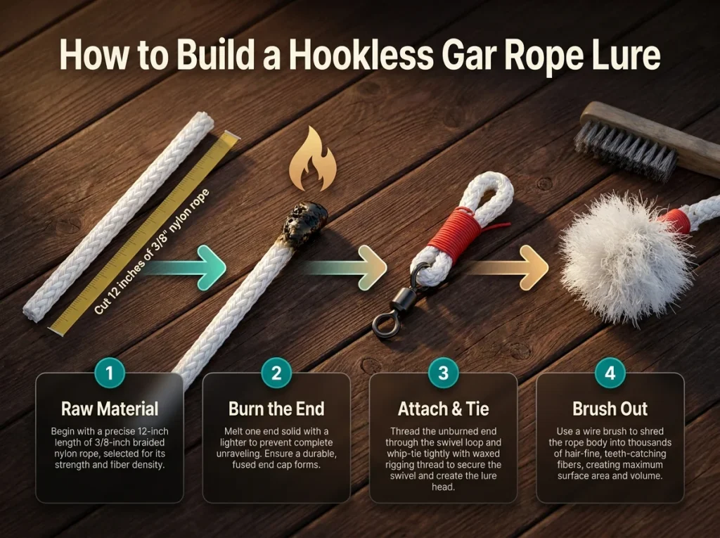 Infographic showing a 4-step photo sequence of constructing a hookless nylon rope lure for gar fishing