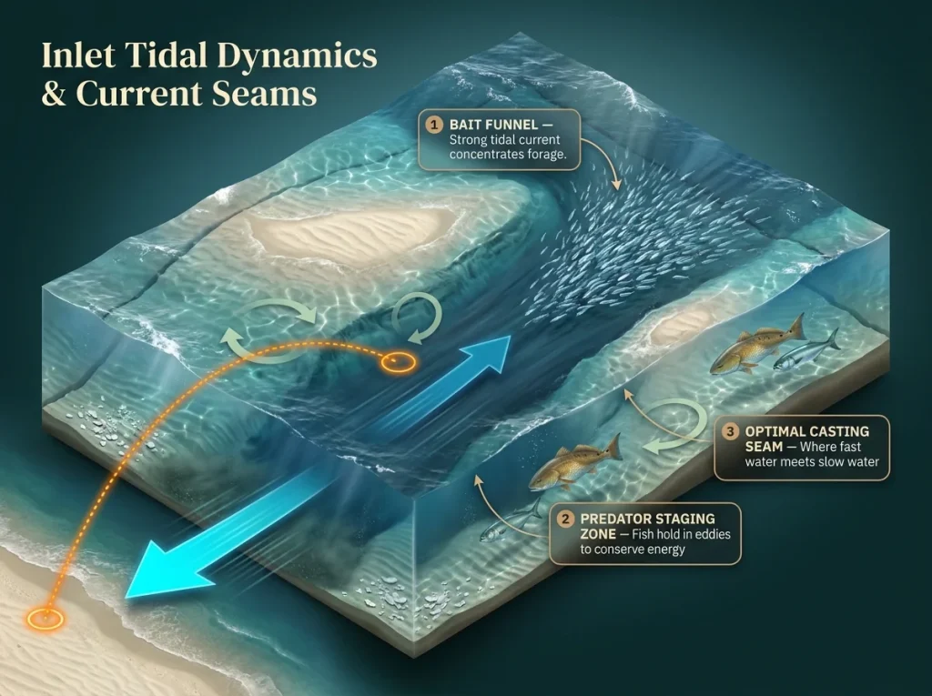 Infographic showing Oregon Inlet tidal current flow with labeled bait funnels, predator staging zones, and optimal casting seams