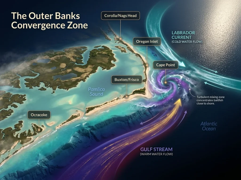 Infographic showing Outer Banks surf fishing zones with Gulf Stream and Labrador Current convergence and labeled hotspots