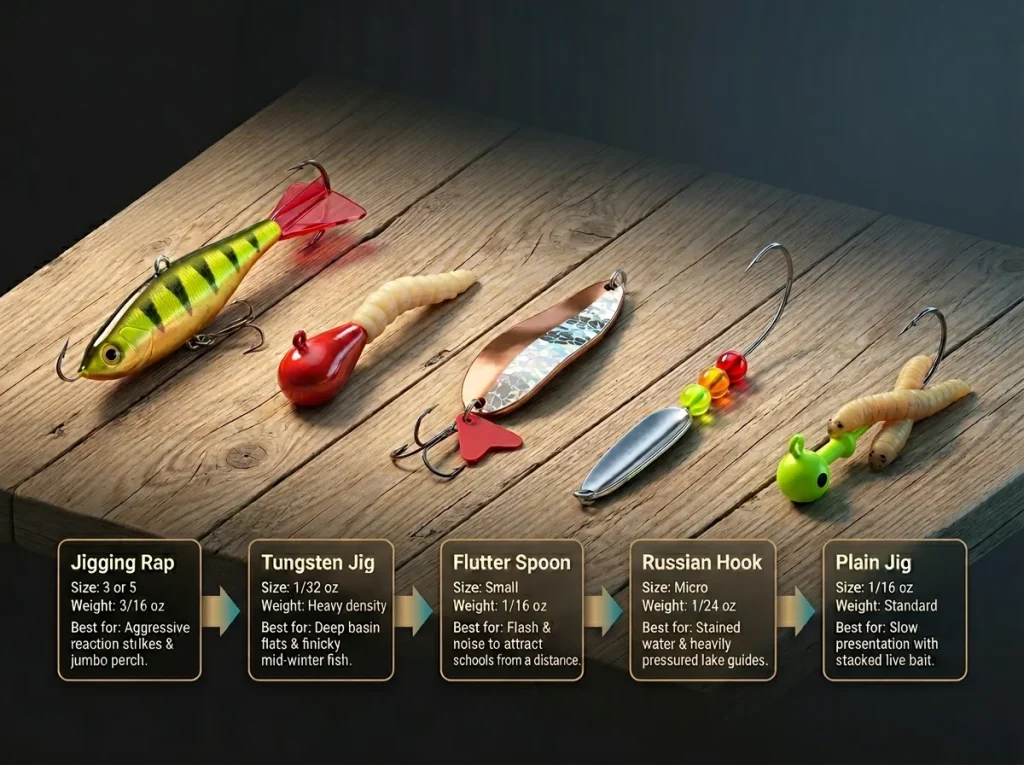 Comparison chart of 5 ice fishing lures for perch with size, weight, labels, and best fishing conditions.