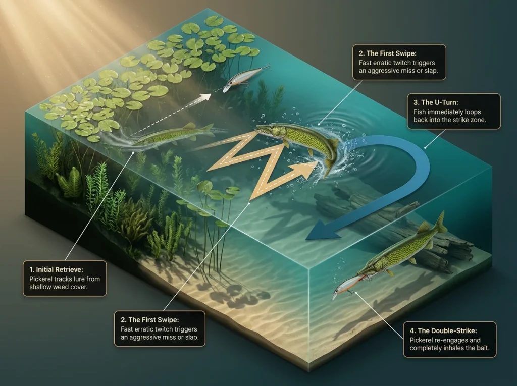 Underwater infographic diagram showing a chain pickerel's multi-phase double-strike sequence on a jerkbait lure.