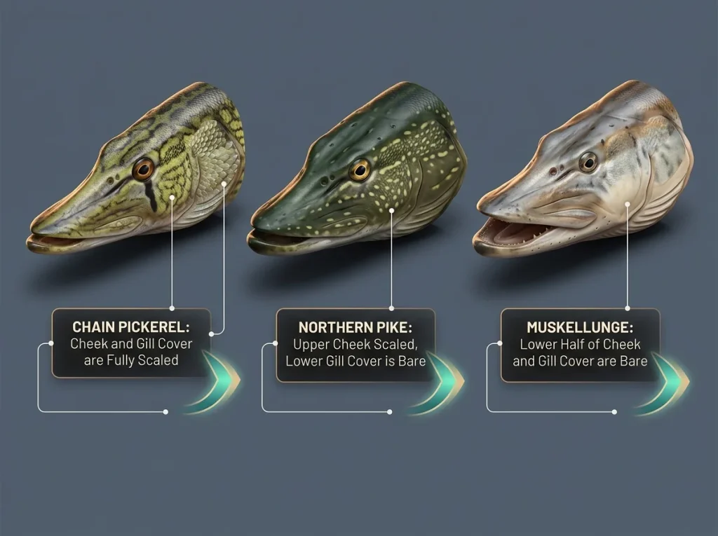 Identification infographic comparing scaled and bare cheek and gill covers of chain pickerel, northern pike, and muskellunge.