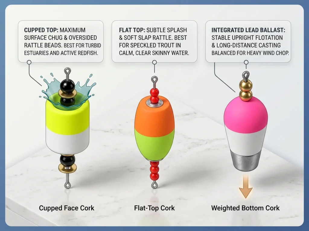 3D infographic comparing cupped, flat-top, and weighted bottom popping cork styles with technical labels and use cases.