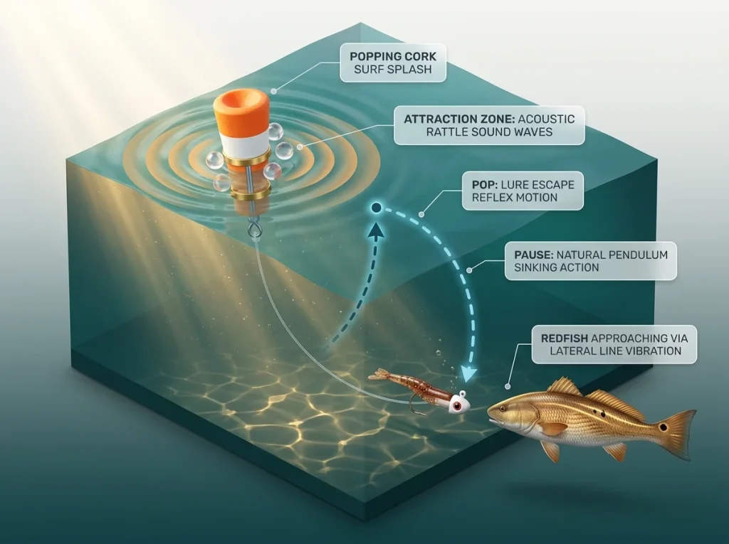Technical 3D diagram explaining a popping cork rig underwater cycle with sound waves and jig pendulum path labels.