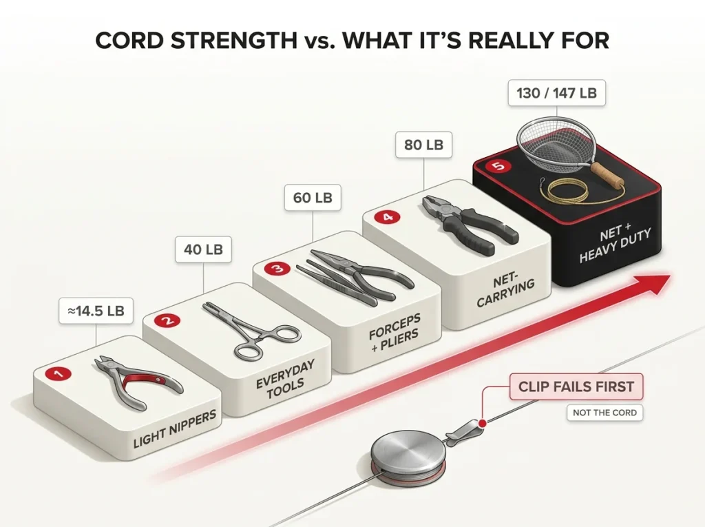 Infographic mapping fishing retractor cord strength tiers to tool duty with a callout marking the clip as the true failure point