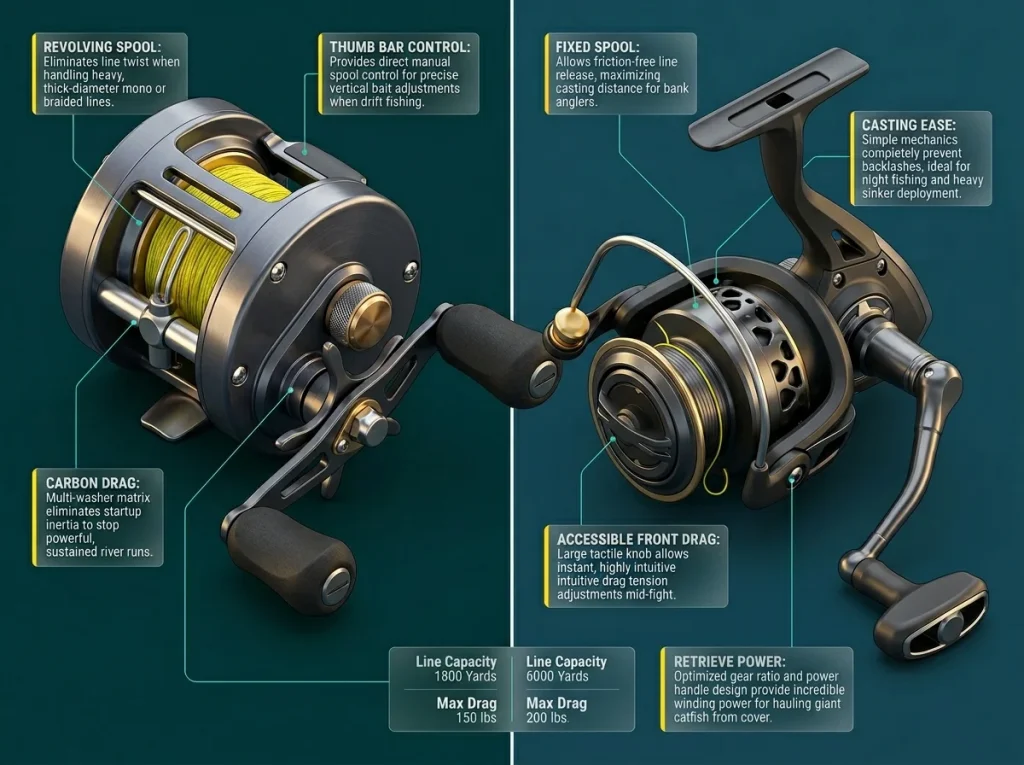 Side-by-side technical diagram comparing a round baitcaster and a spinning reel for heavy catfish applications.