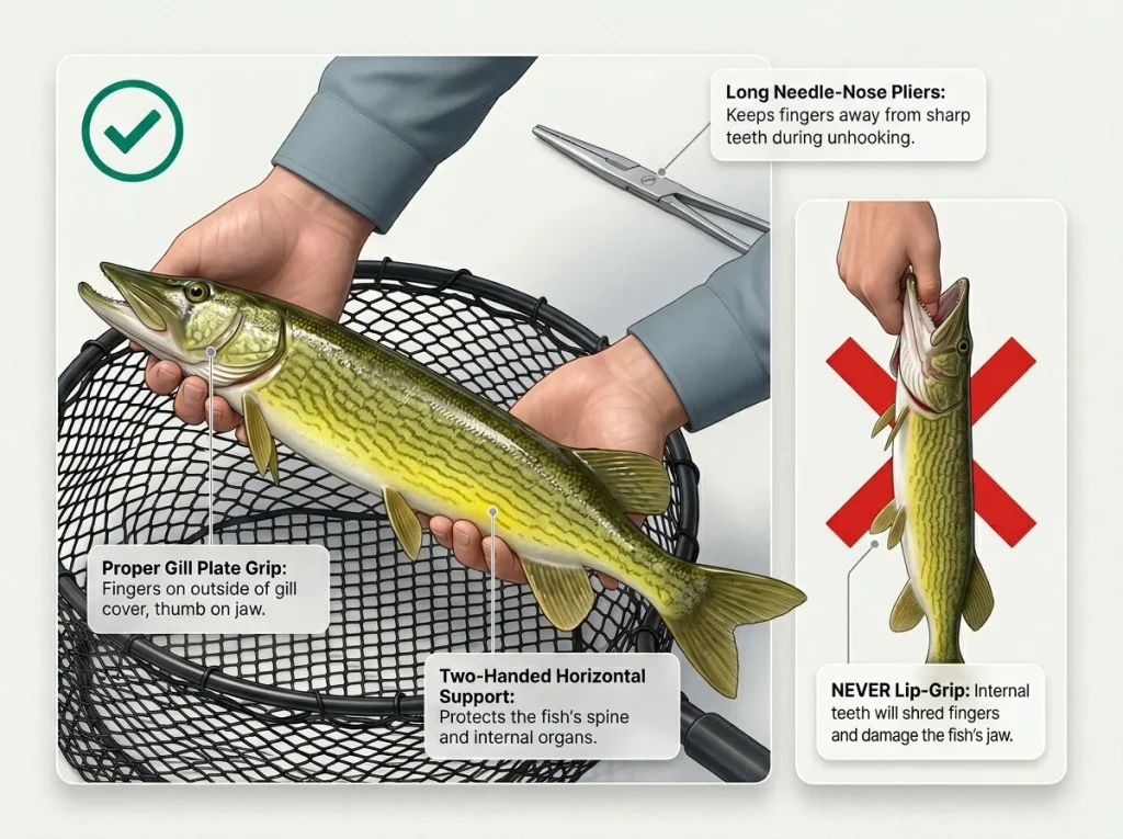 Step-by-step infographic showing correct horizontal gill plate grip versus unsafe vertical bass-style lip grip.
