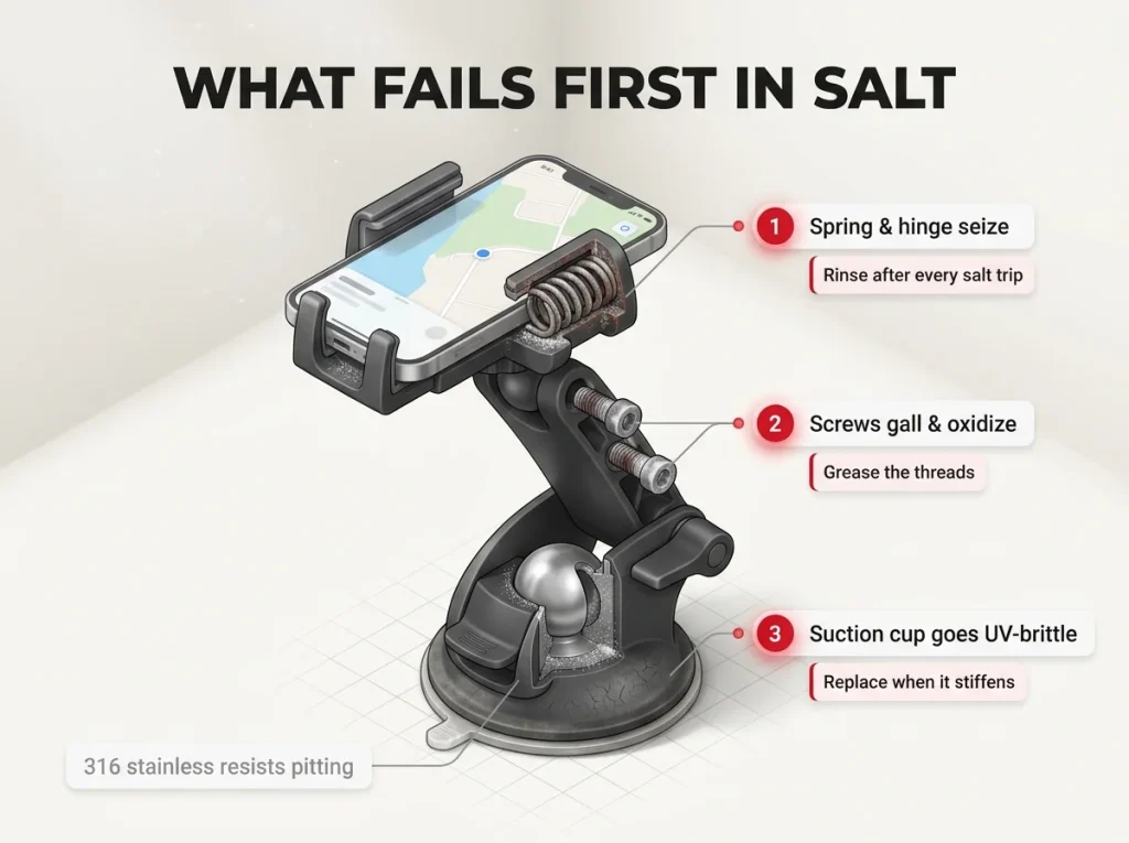 Annotated cutaway diagram showing a phone mount's three failure points — seized spring, galled screws, UV-brittle suction cup — with fixes