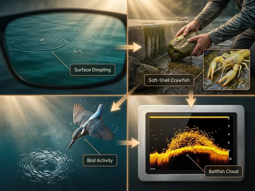 Infographic showing four water observation methods: polarized views, rock flipping, diving birds, and fish finder baitfish clouds.