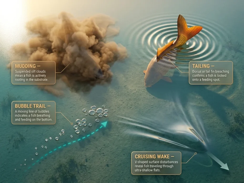 Infographic showing four visual cues for locating shallow carp with labeled examples of mudding, tailing, bubble trails, and wakes