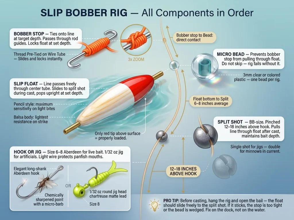 Infographic showing 5 slip bobber rig components in sequence with labeled measurements, spacing, and part descriptions