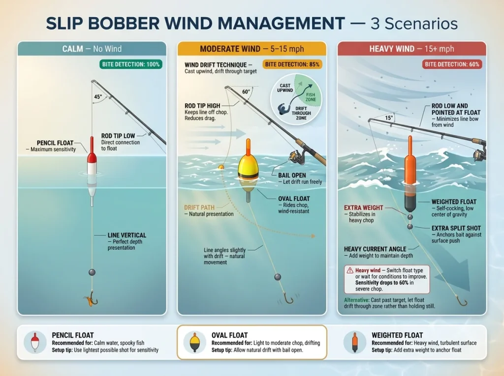 Infographic showing 3 wind scenarios for slip bobber fishing with float type, rod angle, line position, and technique labels