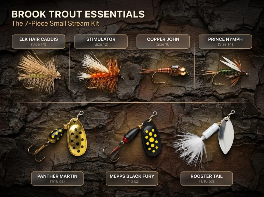 Infographic showing a visual grid of essential brook trout lures including top dry flies, nymphs, and inline spinners