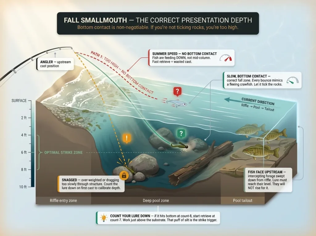 Infographic showing three fall smallmouth lure presentation depths with correct vs incorrect paths labeled in a river pool cross-section