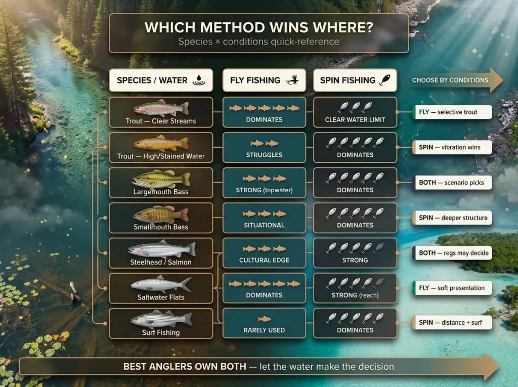 Infographic matrix comparing fly and spin fishing effectiveness across trout, bass, steelhead, and saltwater species