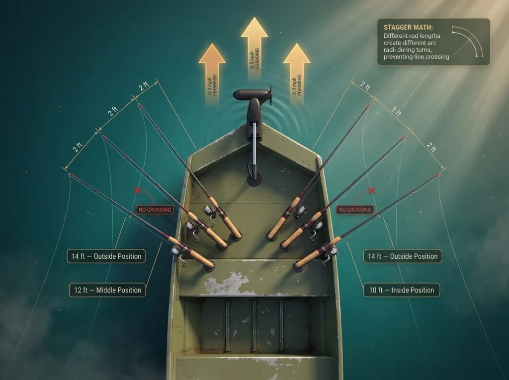 Top-down diagram showing 6-rod spider rig stagger layout with 2-foot tip spacing, rod length measurements, and boat forward direction arrows