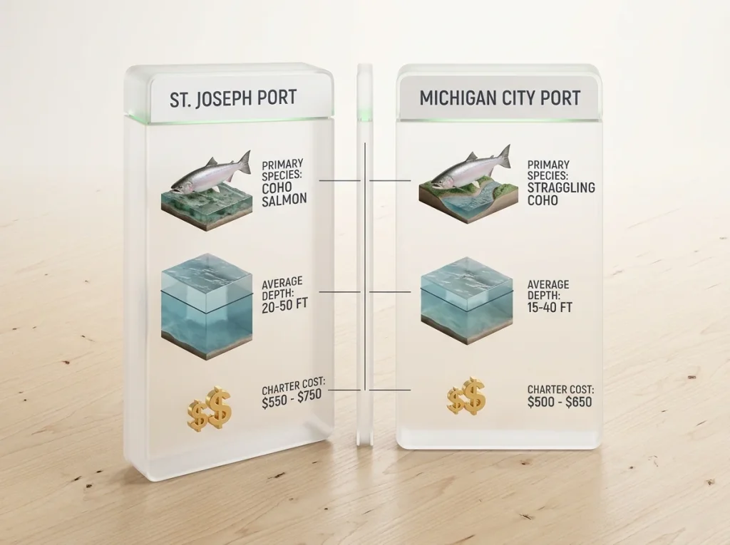 Side-by-side comparison chart showing St. Joseph versus Michigan City fishing port depths, costs, and species.