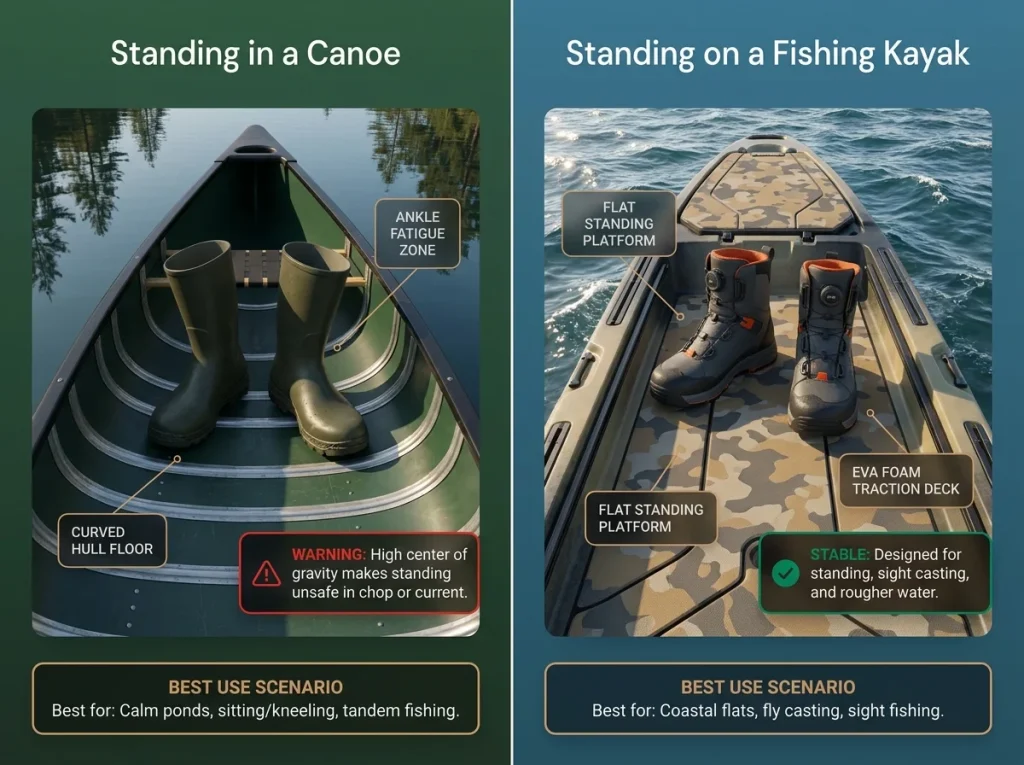 Infographic comparing standing platform of a fishing kayak versus standing in a canoe with stability metrics