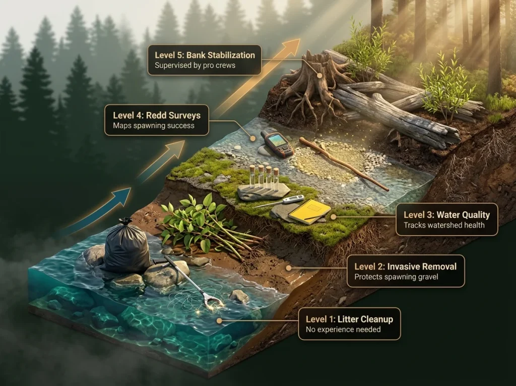 Infographic showing 5 levels of stream cleanup volunteering on a riverbank cross-section with labeled zones and fish benefits.