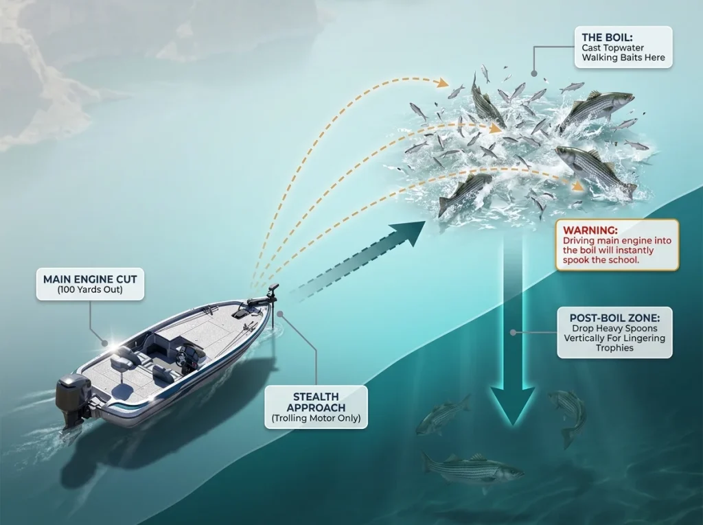Infographic showing striper boil boat approach tactics with labeled casting angles and post-boil deep feeding zones
